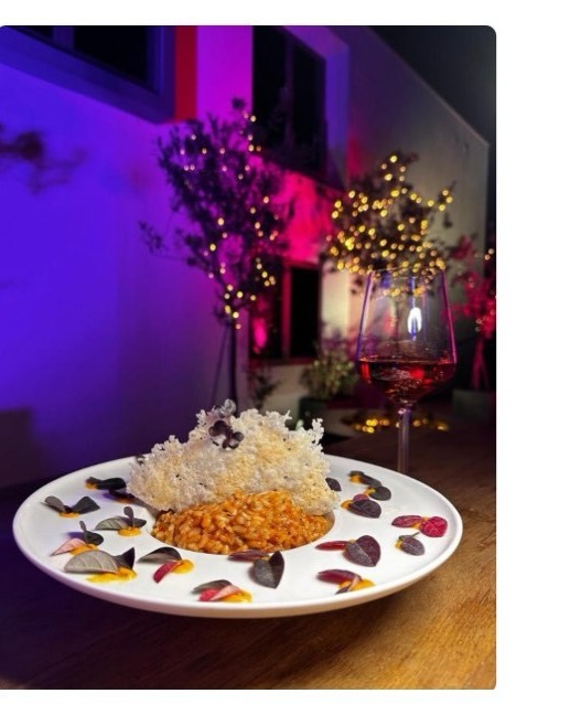 A plated slow-food course and glass of wine on the estate's terrace, lit for the holiday season
